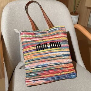 Miu Miu Striped Knit Tote with Brown Handles